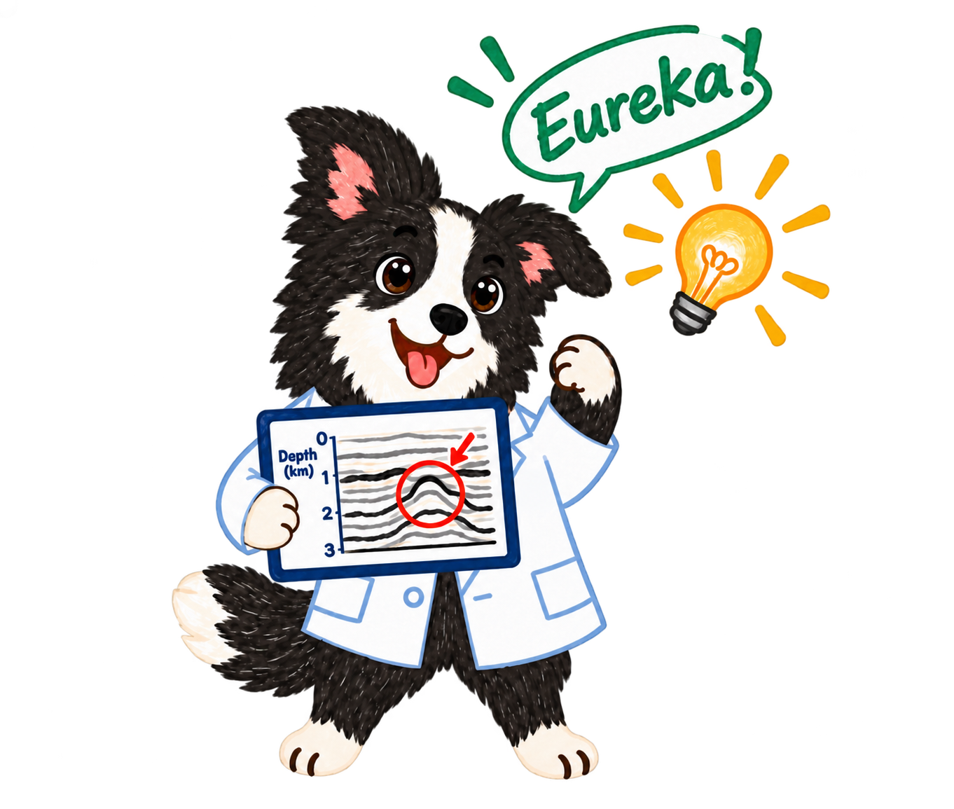 EurekaBench's border collie scientist in a lab coat, holding a chart beside a light bulb and a speech bubble reading Eureka!